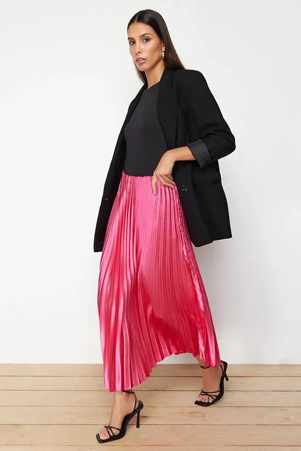 Trendyol Trendyol Pink Pleated Satin Fabric Maxi Length Woven Skirt