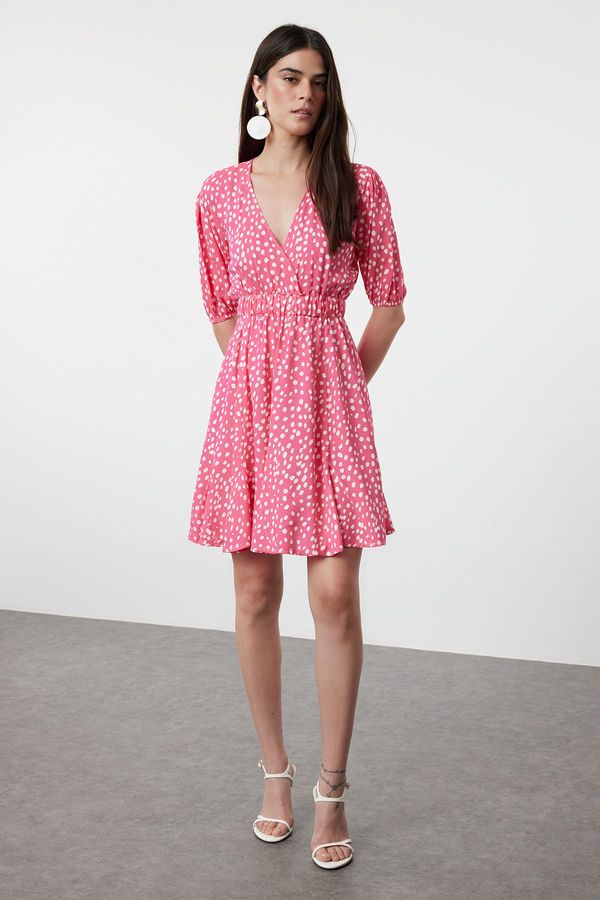 Trendyol Trendyol Pink Polka Dot Mini Skater Form Double Breasted Collar Woven Dress