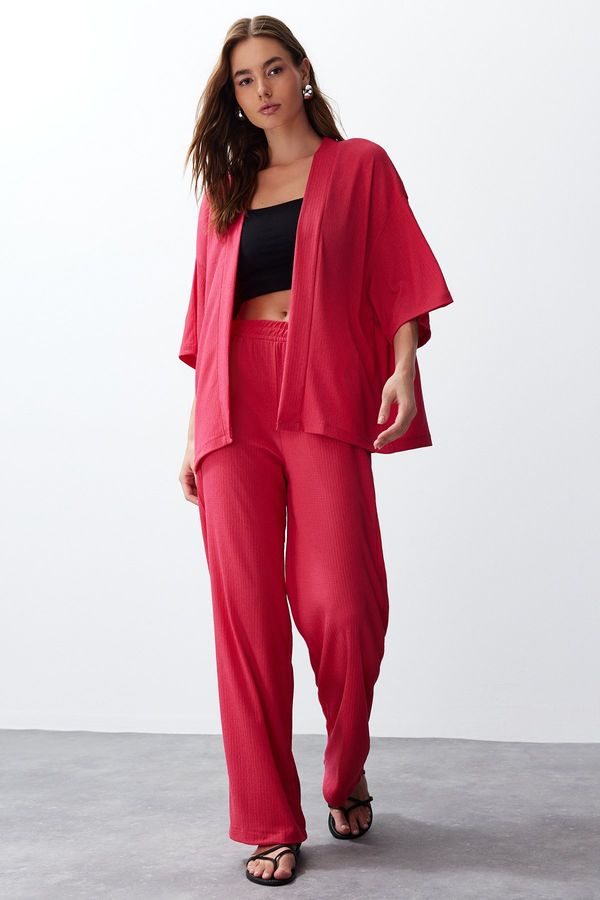 Trendyol Trendyol Pink Relaxed/Comfortable Cut Knitted Kimona Trousers Bottom-Top Set