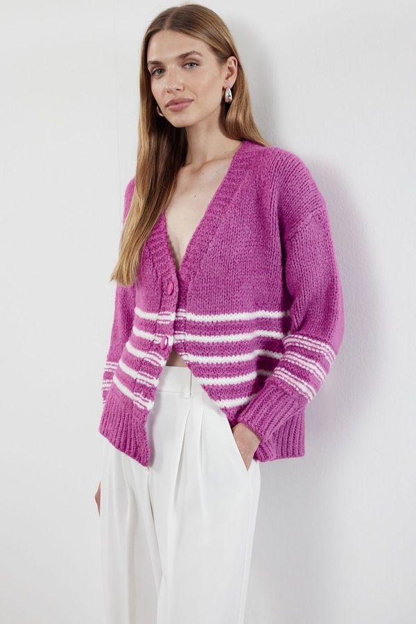 Trendyol Trendyol Pink Soft Textured Striped Knitwear Cardigan