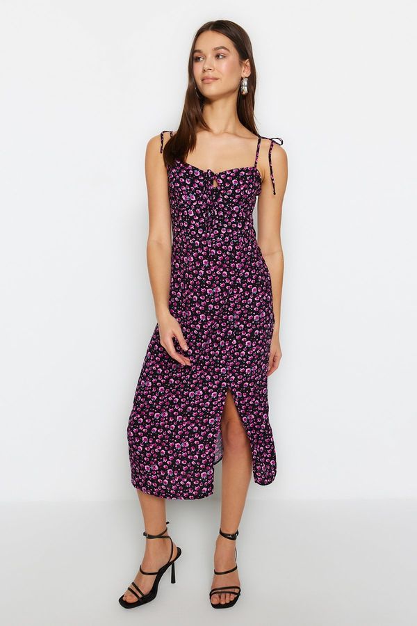 Trendyol Trendyol Pink Straight Cut Midi Woven Straps Sweetheart Neckline Patterned Dress