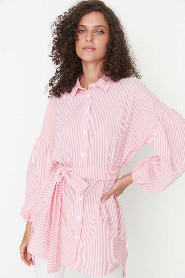 Trendyol Trendyol Pink Striped Belted Balloons Behind the Sleeves Long Woven Shirt