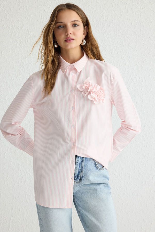 Trendyol Trendyol Pink Striped Flower Detail Woven Shirt