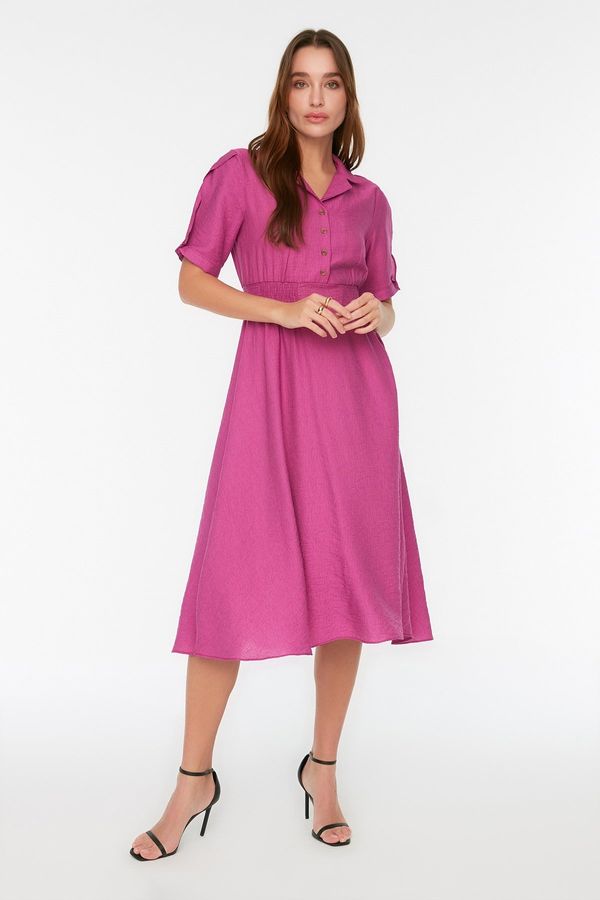 Trendyol Trendyol Plum A-line Shirt Collar Guiped Midi Woven Dress