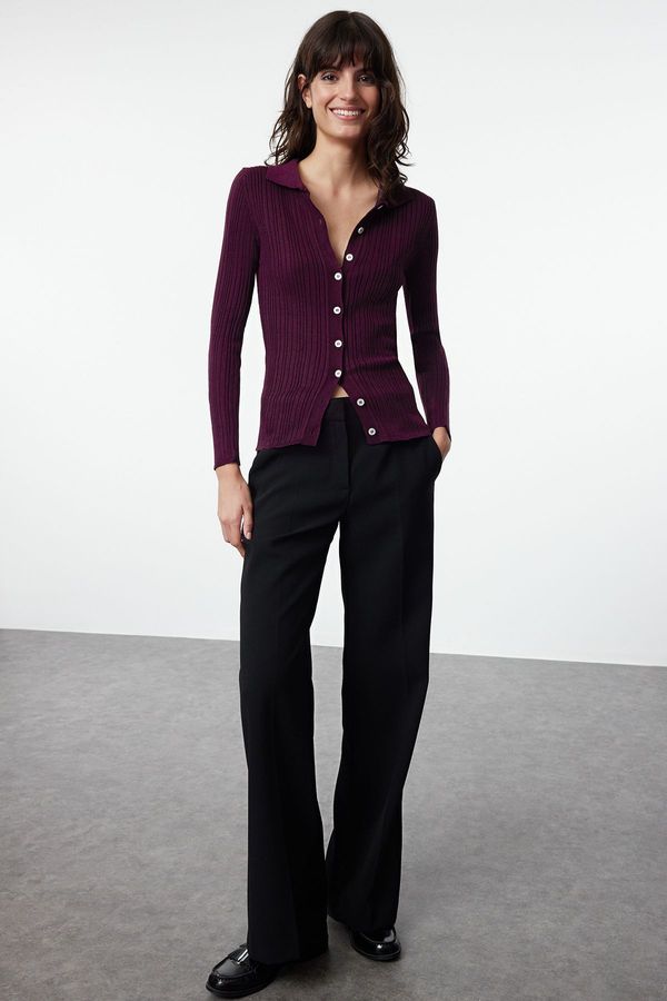Trendyol Trendyol Plum Soft Textured Polo Neck Knitwear Cardigan