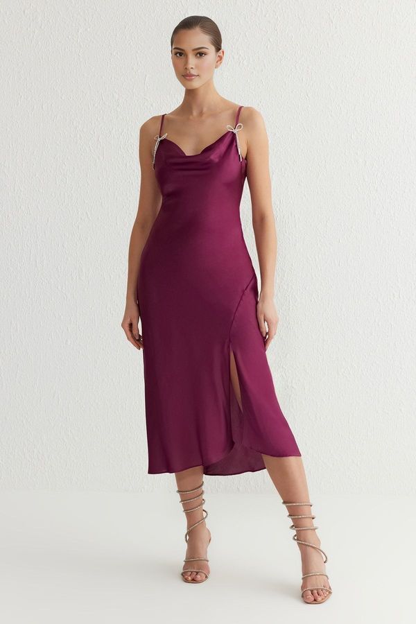 Trendyol Trendyol Plum Stone Bow Detail Satin Dress