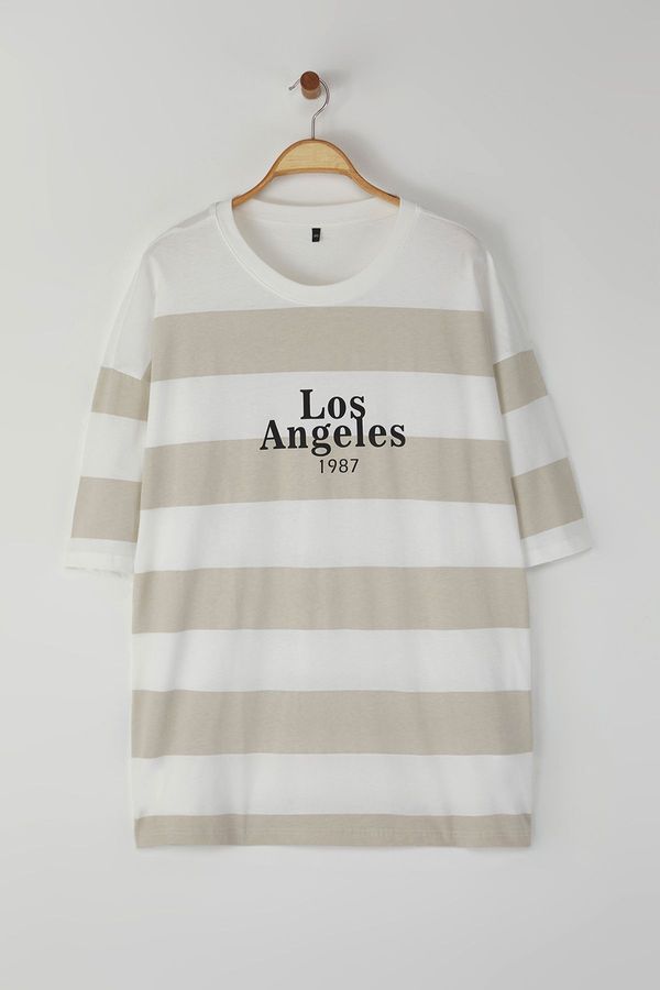 Trendyol Trendyol Plus Size Grey Oversize Striped City Printed 100% Cotton T-Shirt