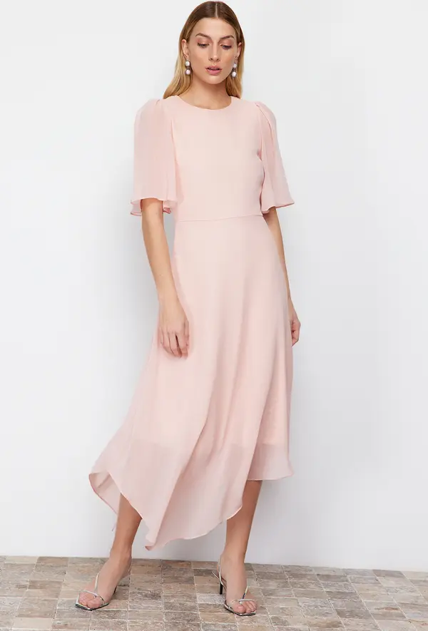 Trendyol Trendyol Powder A-line Asymmetrical Skirt Chiffon Lined Midi Woven Dress