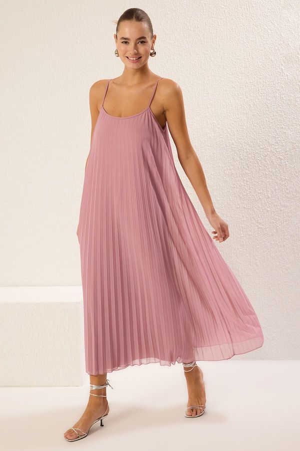 Trendyol Trendyol Powder Plain Slit Maxi Pleated A-line Flexible Knit Dress