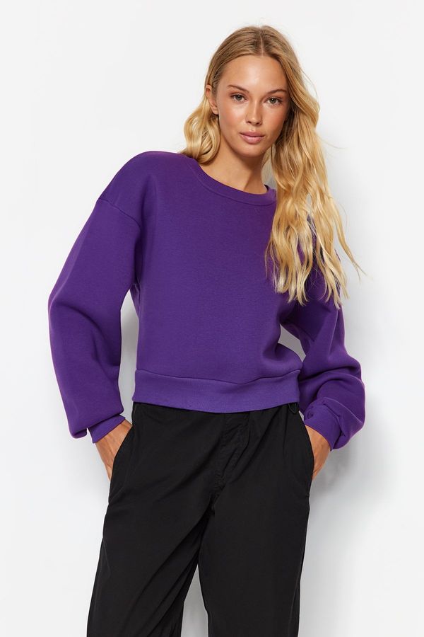 Trendyol Trendyol Purple Comfort Fit Crop Basic Crew Neck Thick Fleece Knitted Sweatshirt