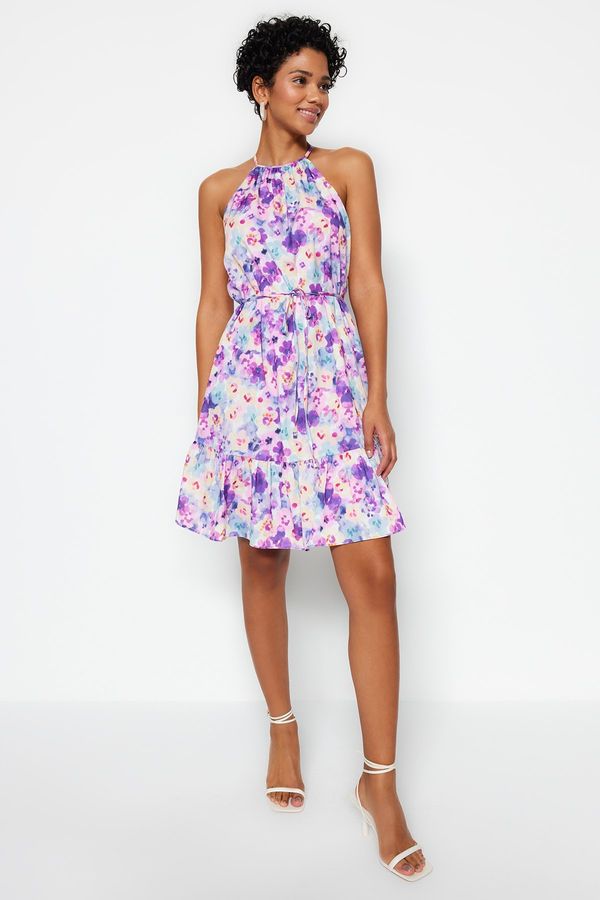 Trendyol Trendyol Purple Floral A-line Tie Detailed Mini Woven Dress