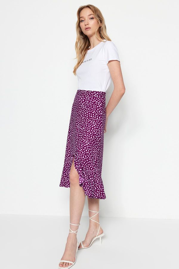 Trendyol Trendyol Purple Printed High Waist Midi Elastic Knitted Skirt with Ruffles and Ruffles