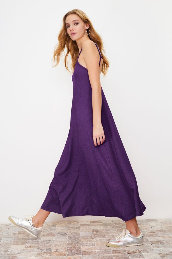 Trendyol Trendyol Purple Square Neck A-Line with Adjustable Straps Crepe/Textured Knitted Maxi Dress