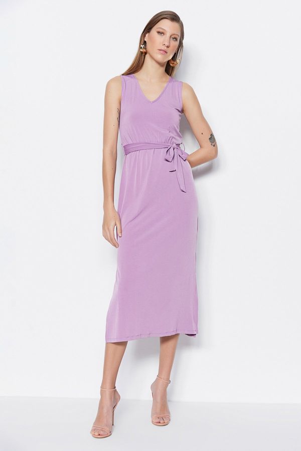 Trendyol Trendyol Purple Tie Detailed Midi V-Neck Stretchy Knit Dress