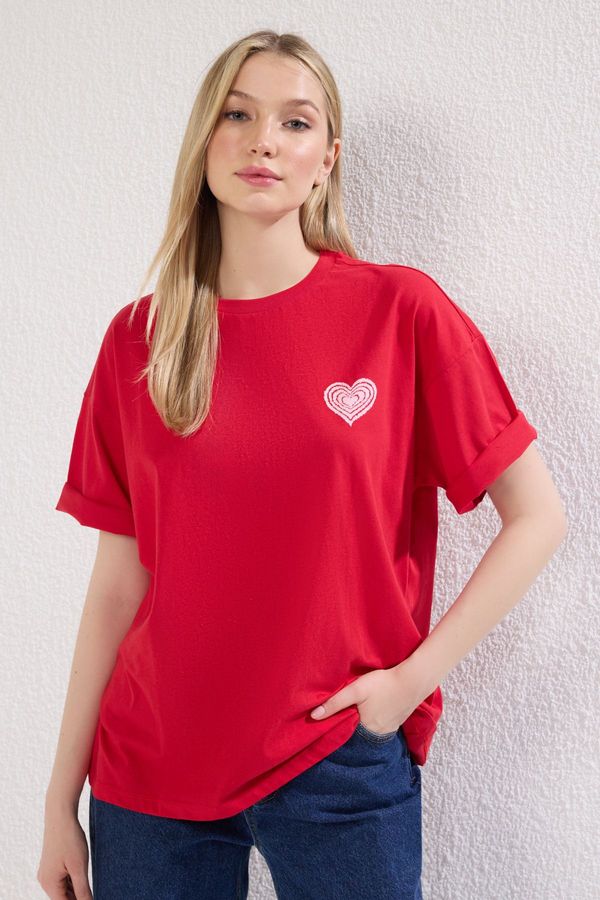 Trendyol Trendyol Red 100% Cotton Front and Back Embossed Printed Oversize/Wide Pattern Knitted T-Shirt