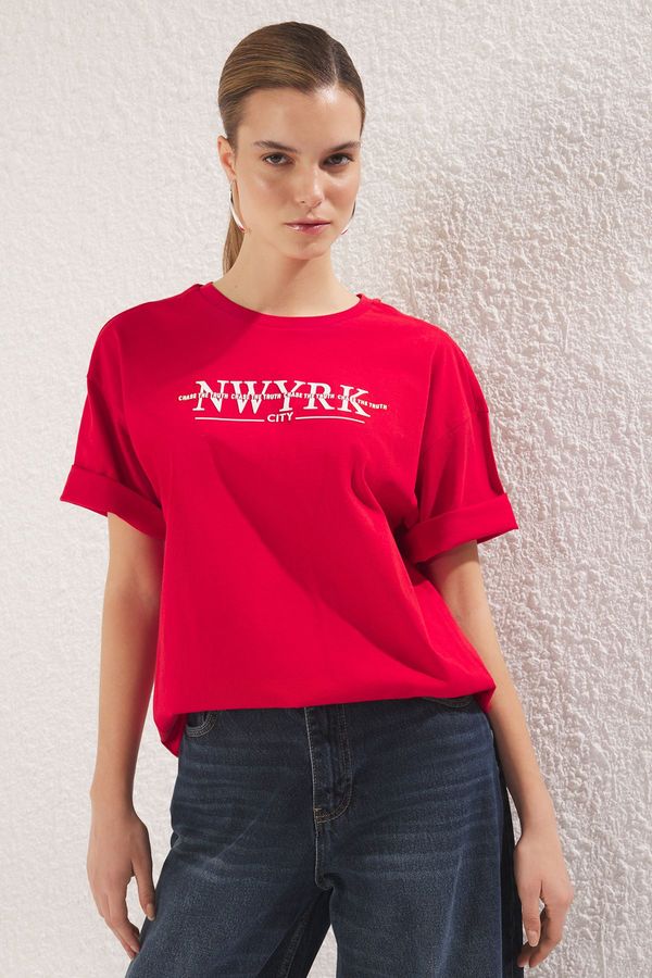 Trendyol Trendyol Red 100% Cotton Oversize/Wide Pattern High Printed Knitted T-Shirt