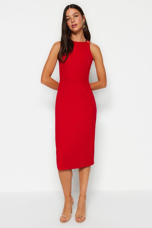 Trendyol Trendyol Red Body-Sitting Midi Woven Dress with Accessory Collar Detail