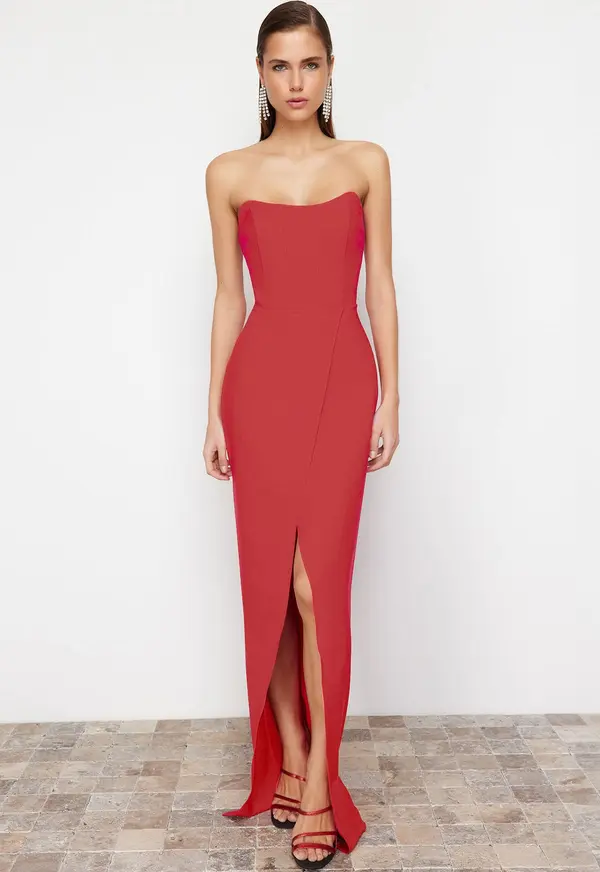 Trendyol Trendyol Red Corset Detailed Woven Long Evening Dress