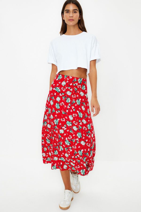 Trendyol Trendyol Red Floral Pattern Viscose Fabric Midi Woven Skirt