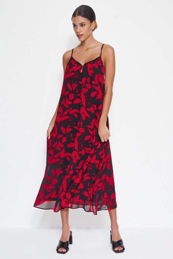 Trendyol Trendyol Red Floral Print Straight Cut Maxi Woven Chiffon Lined Woven Dress