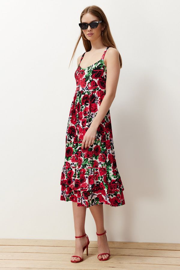Trendyol Trendyol Red Floral Strappy Skater/Waist Ribbed Elastic Knitted Midi Dress