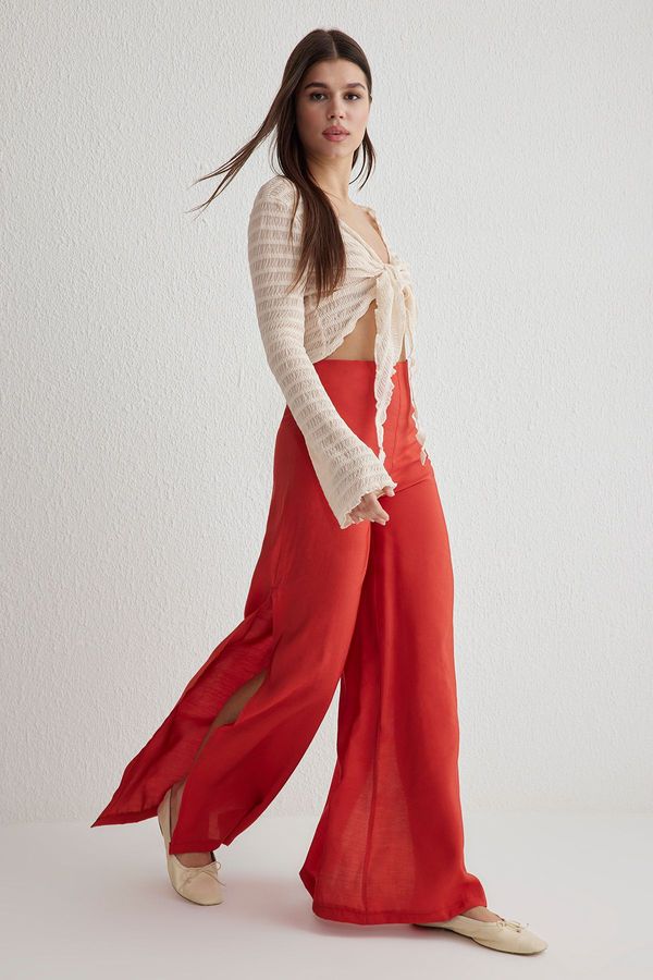 Trendyol Trendyol Red Modal Wide Leg High Waist Slit Woven Trousers
