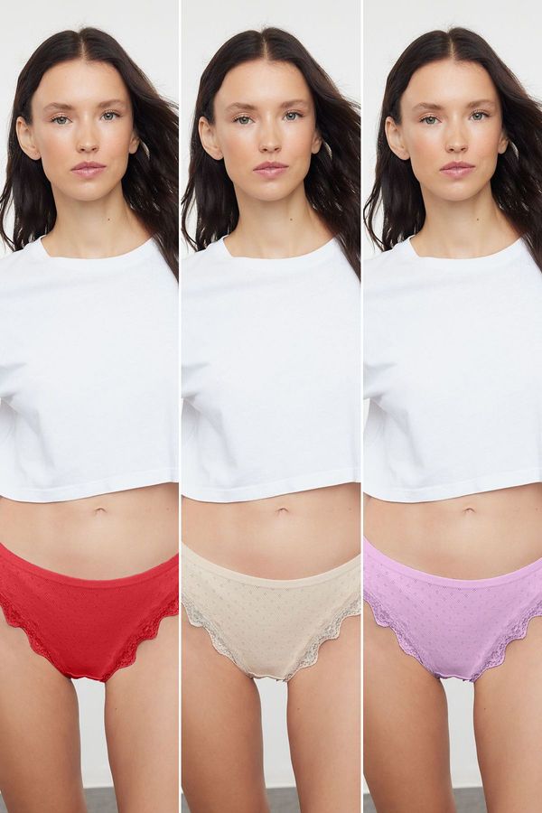 Trendyol Trendyol Red-Multicolored 3-Pack Cotton Thong Knitted Panties