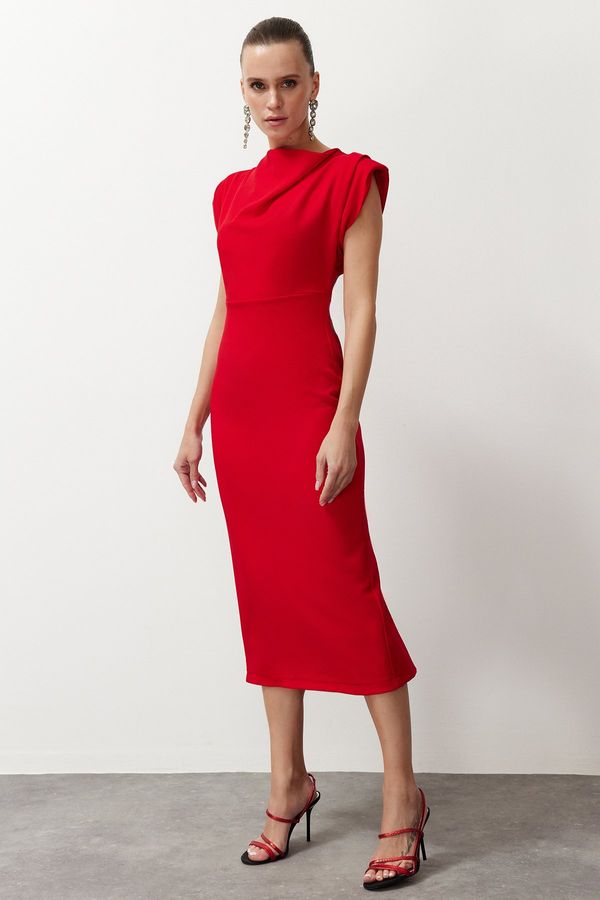 Trendyol Trendyol Red Off Shoulder Neckline Fitted Woven Elegant Evening Dress