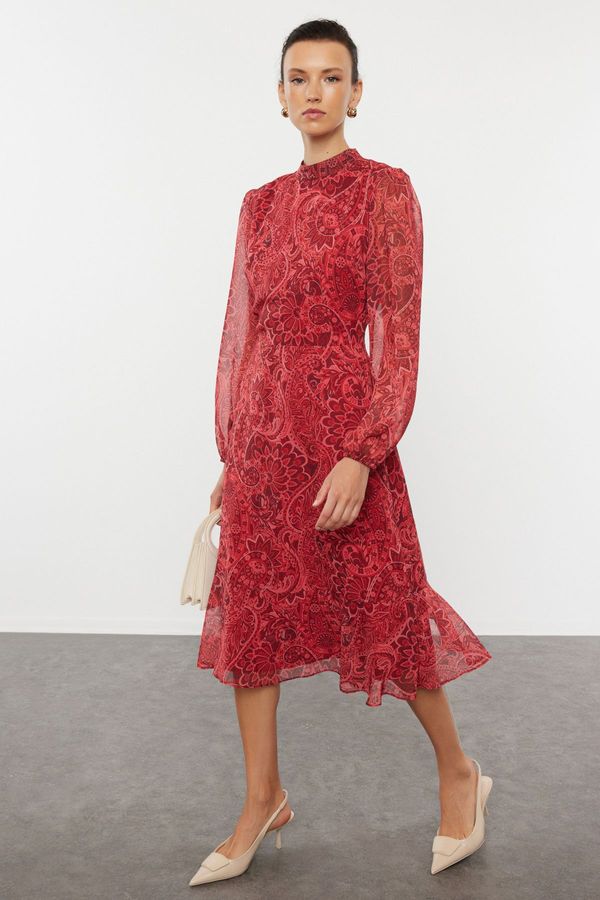 Trendyol Trendyol Red Patterned Flounce Midi Woven Dress