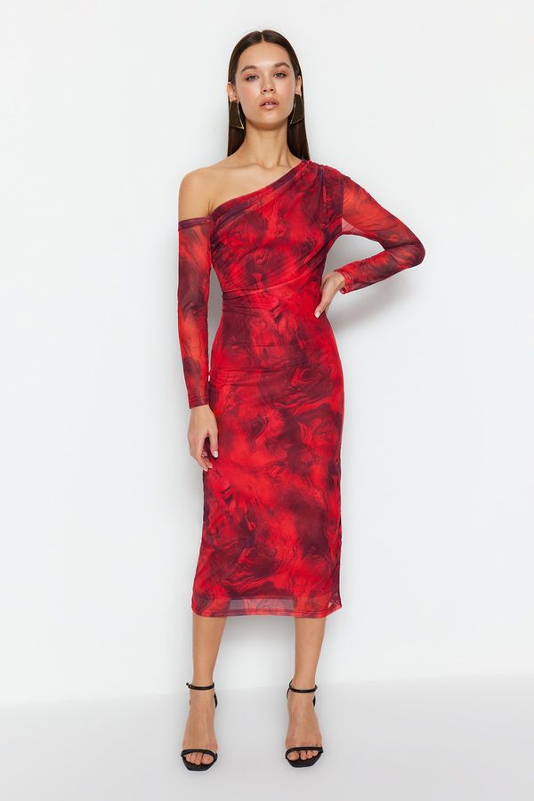 Trendyol Trendyol Red Patterned Lined Fitted Asymmetrical Collar Flexible Knitted Midi Pencil Dress