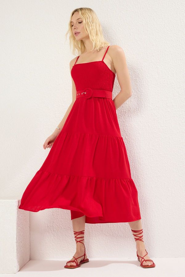 Trendyol Trendyol Red Plain Skirt Waist Opening Gipel Midi Woven Dress