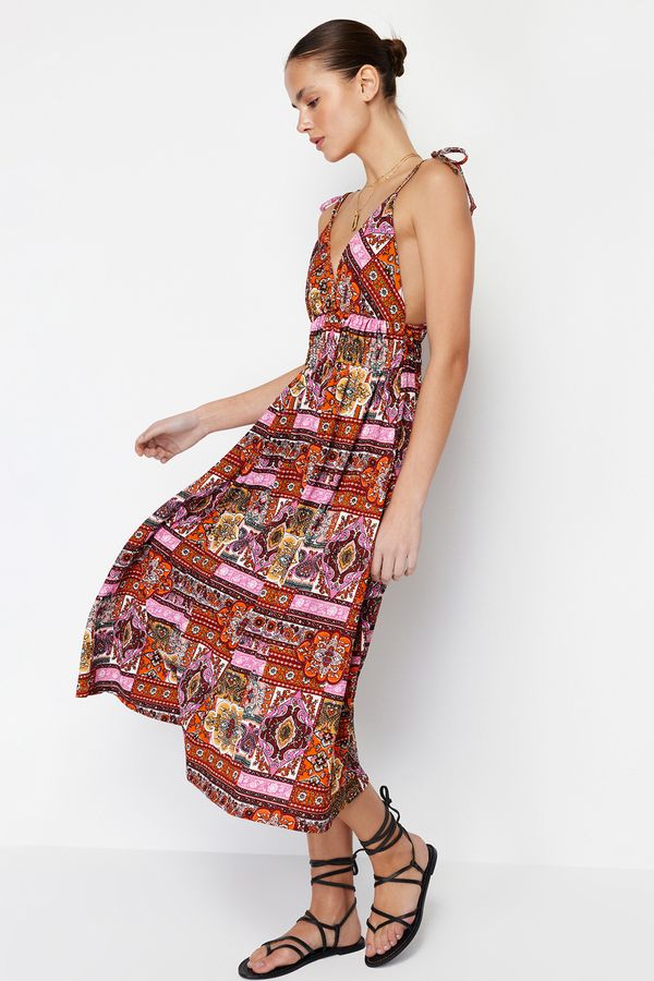 Trendyol Trendyol Red Shawl Pattern Strappy Heart Collar Shawl Patterned Max Knitted Dress