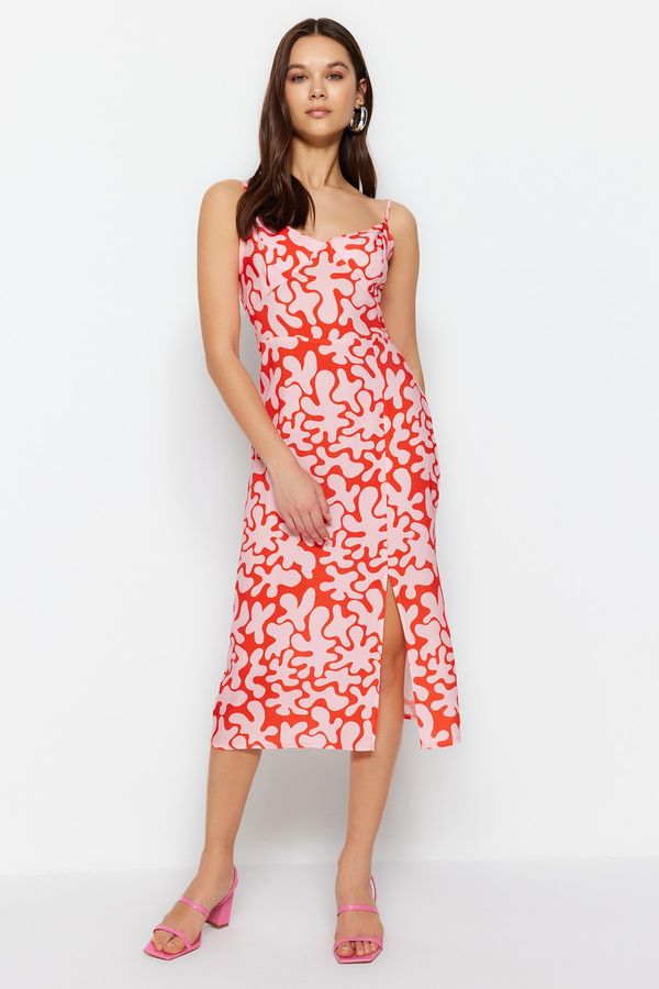 Trendyol Trendyol Red Straight Cut Midi Floral Pattern Woven Dress