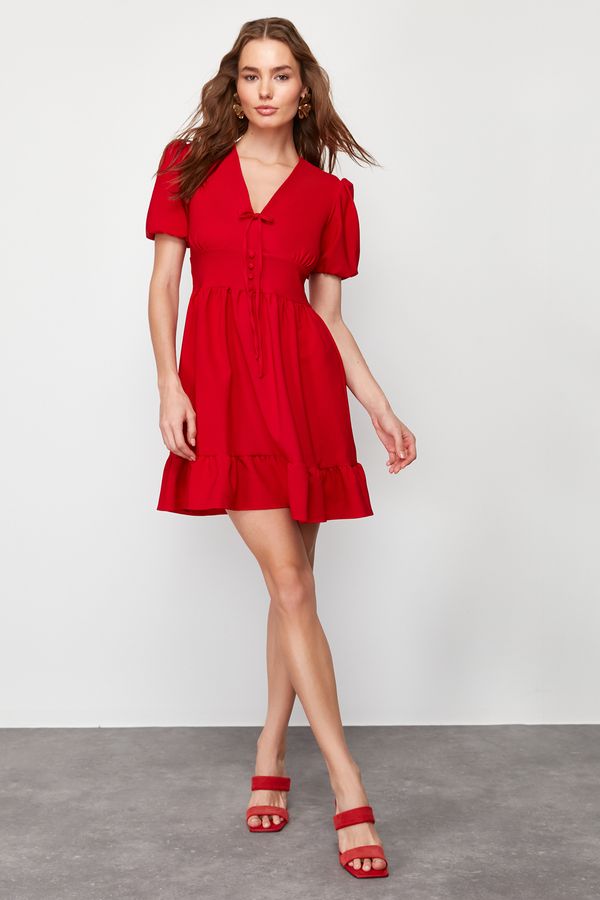 Trendyol Trendyol Red Waist V-Neck Bow Detailed Mini Woven Dress