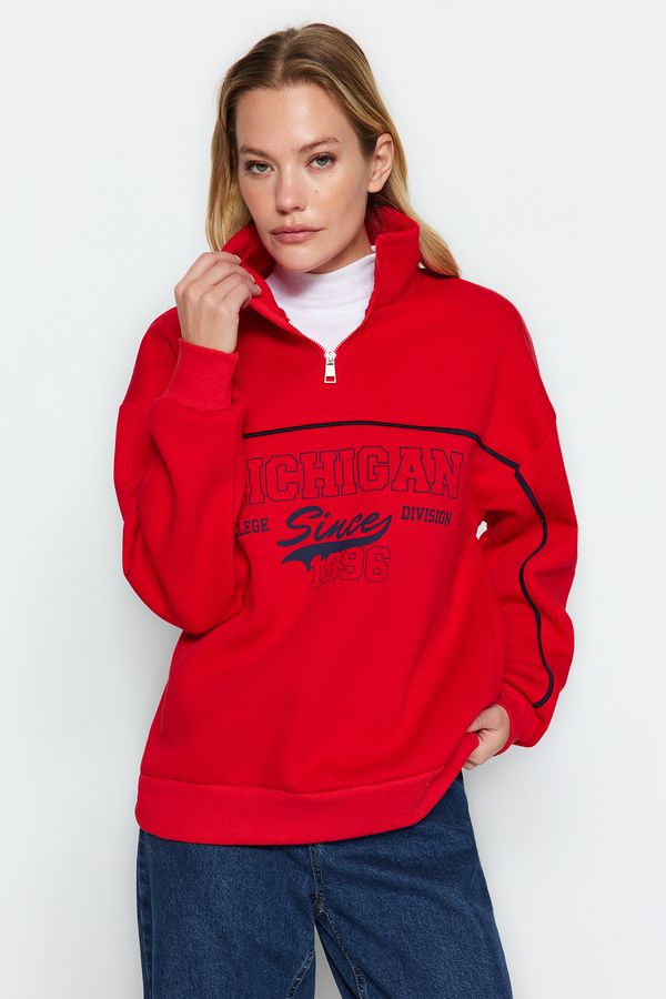 Trendyol Trendyol Red Zipper Printed Oversized Thick Fleece Inside Knitted Sweatshirt