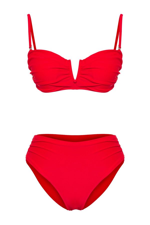Trendyol Trendyol Red*003 Plain Strapless Draped Normal Waist Bikini Set
