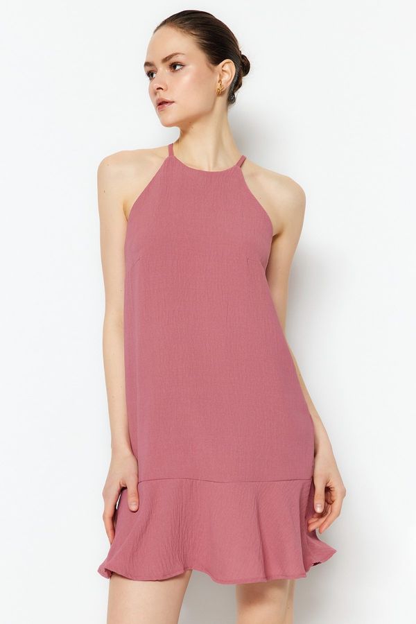 Trendyol Trendyol розов прав нарязани мини тъкани пола Flounce тъкани рокля