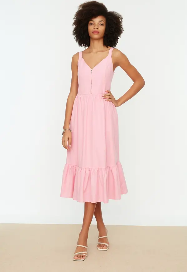 Trendyol Trendyol розова талия отворен Midi тъкани облицовани цип подробно тъкани рокля