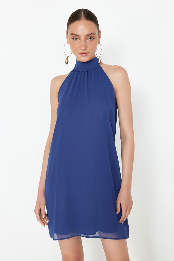 Trendyol Trendyol Saks Straight Cut Halter Neck Mini Chiffon Lined Woven Dress
