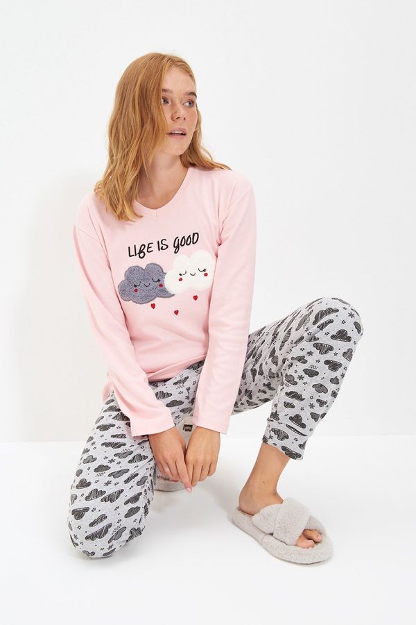 Trendyol Trendyol Salmon Cotton Embroidered T-shirt-Jogger Knitted Pajama Set