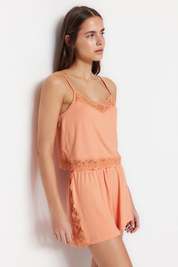 Trendyol Trendyol Salmon Lace Detailed Tank Top-Shorts Knitted Pajama Set