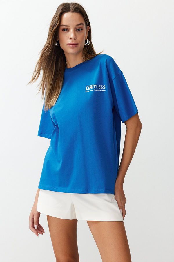 Trendyol Trendyol Saxe 100% Cotton Back and Front Motto Printed Oversize/Wide Cut Knitted T-Shirt