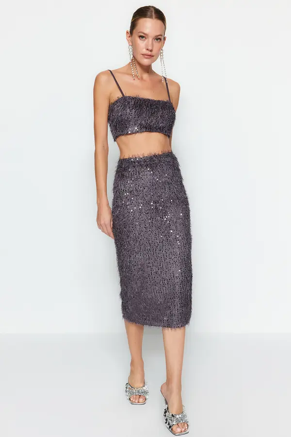 Trendyol Trendyol Silver Fringed Sequin Midi Skirt