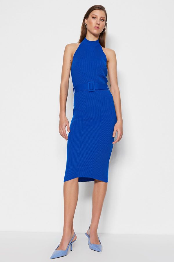 Trendyol Trendyol син колан подробни Midi трикотаж рокля