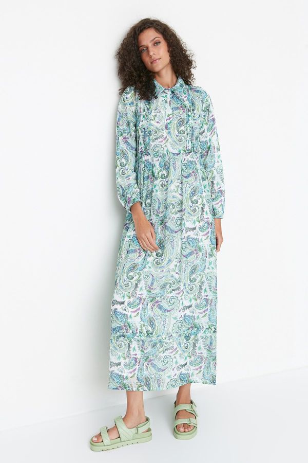 Trendyol Trendyol син шал шарени риза яка шифон рокля