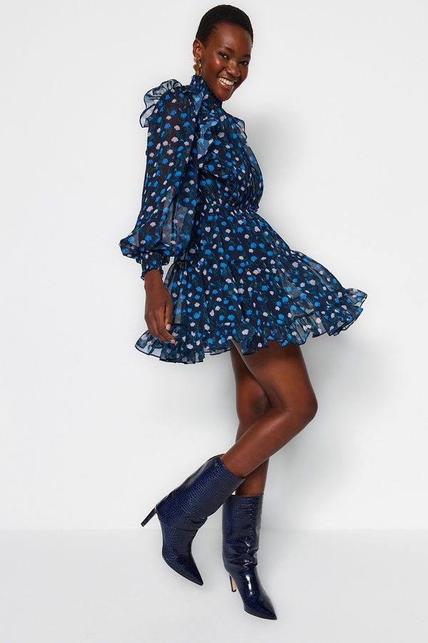 Trendyol Trendyol синьо мини облицована тъкани Flounce детайл тъкани рокля