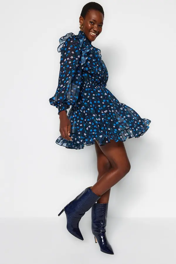 Trendyol Trendyol синьо мини облицована тъкани Flounce детайл тъкани рокля