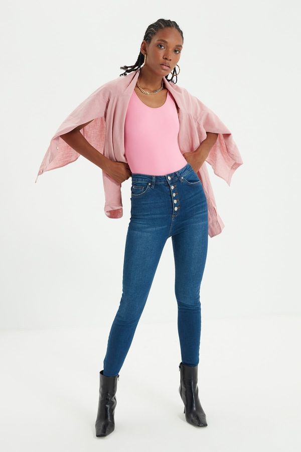 Trendyol Trendyol синьо преден бутон висока талия кльощава дънки