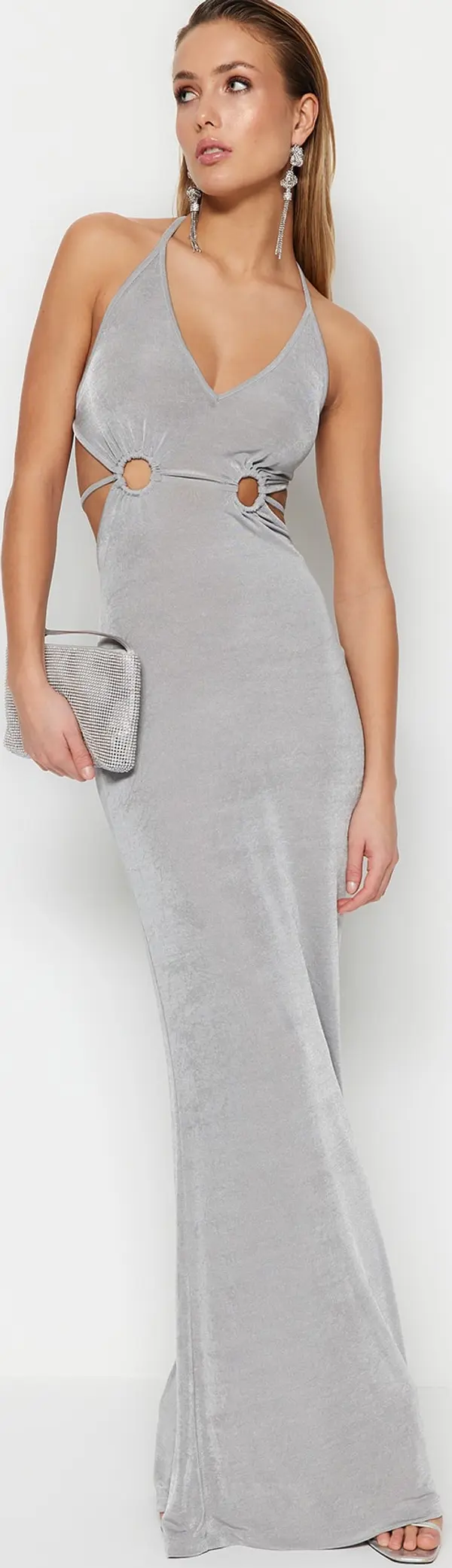 Trendyol Trendyol сива вталена вечерна рокля с плетене детайлно и блестящо