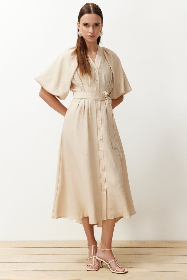 Trendyol Trendyol Stone Belted Half Balloon Sleeve Linen Look Woven Shirt Dress